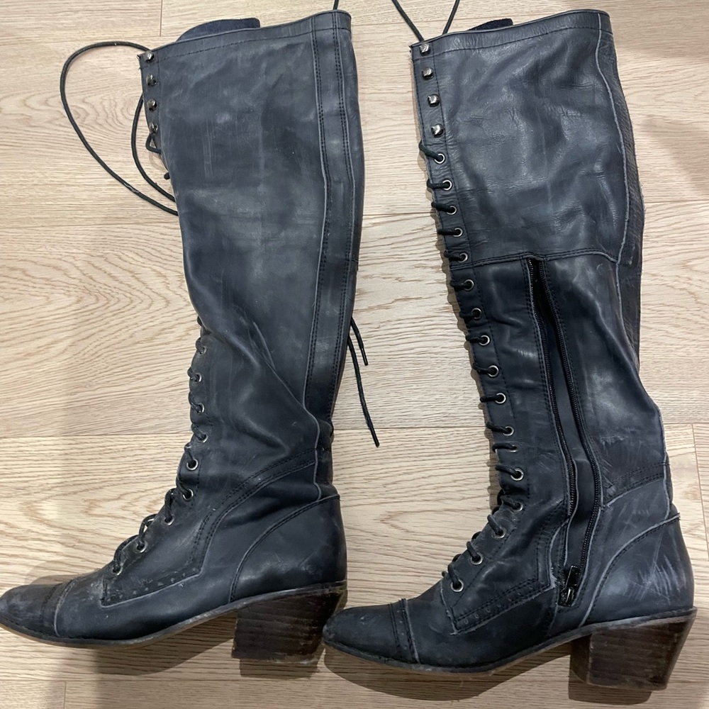 SOLD - Jeffrey Campbell Free People Sz 7 Joe Knee High Lace Up Boots - Picture 2 of 5